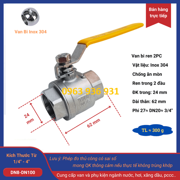 Van bi inox 304 phi 27 5