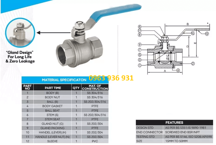 Van bi tay gat inox 316