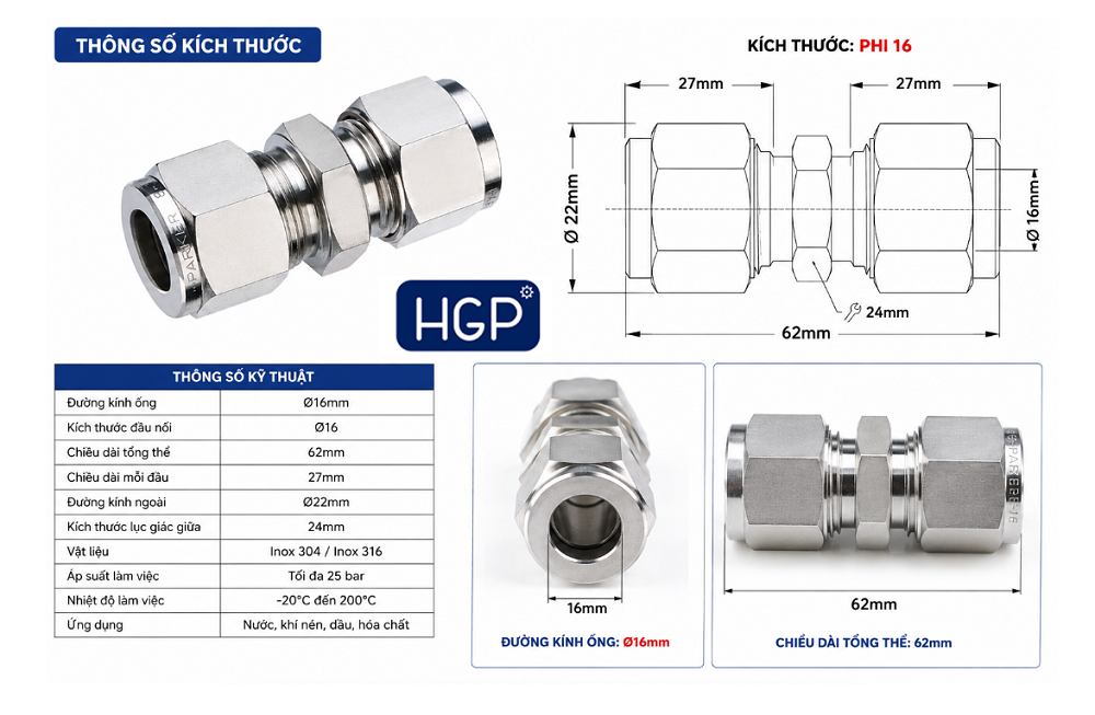 Nối thẳng hạt bắp inox phi 16 5