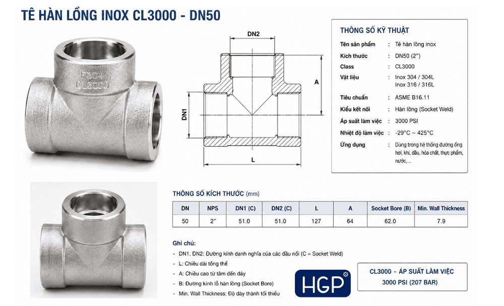 Tê inox CL3000 DN50 3